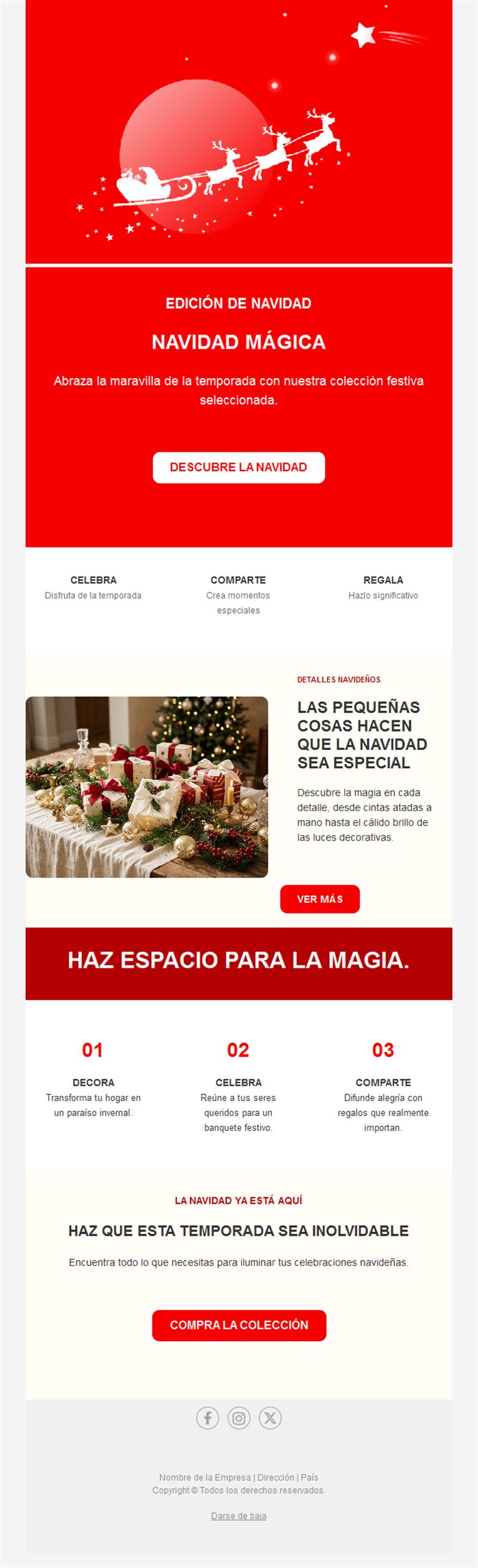 Email navideño rojo con el trineo de Papá Noel