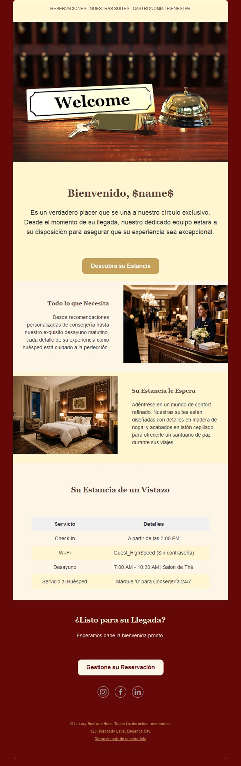 Email de bienvenida para huéspedes de hotel