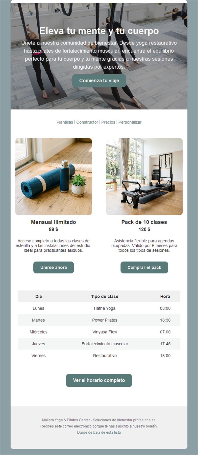 Email de bonos y horario de yoga y pilates