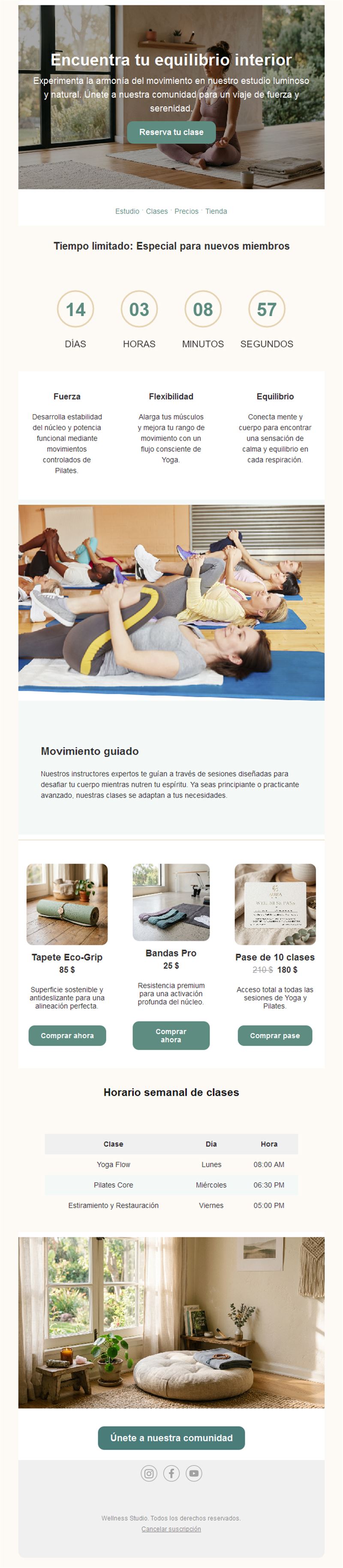 Email de oferta para nuevos socios de pilates
