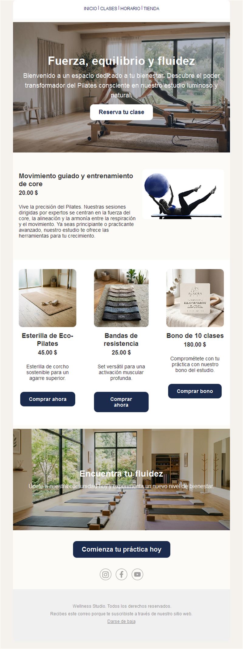 Email de clases y tienda de estudio de pilates