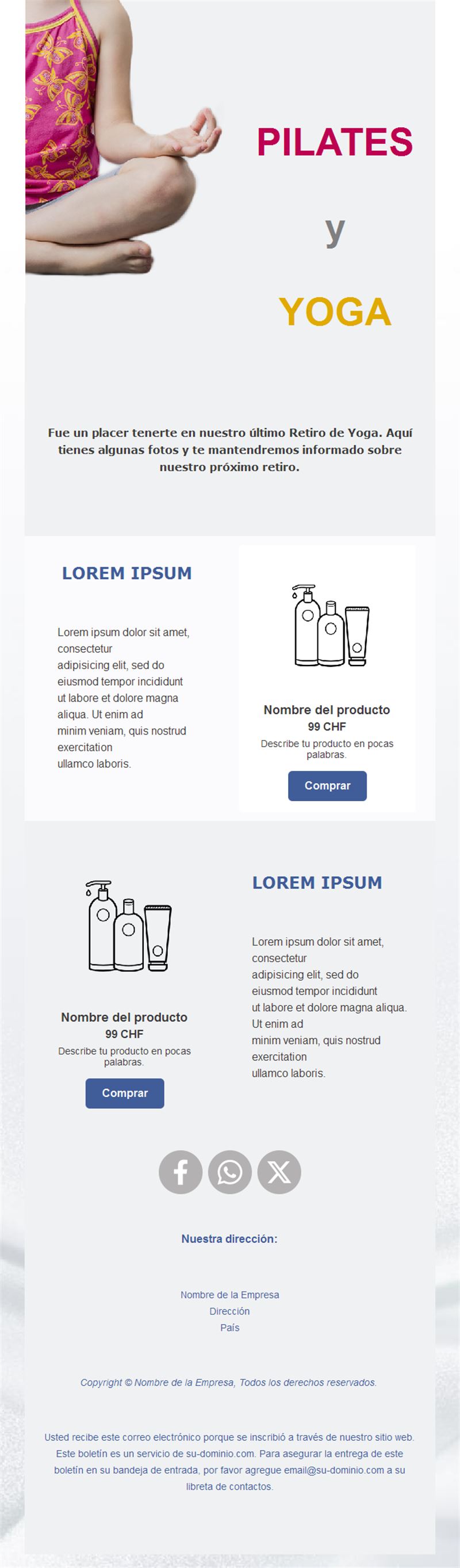 Email de productos de retiro de yoga