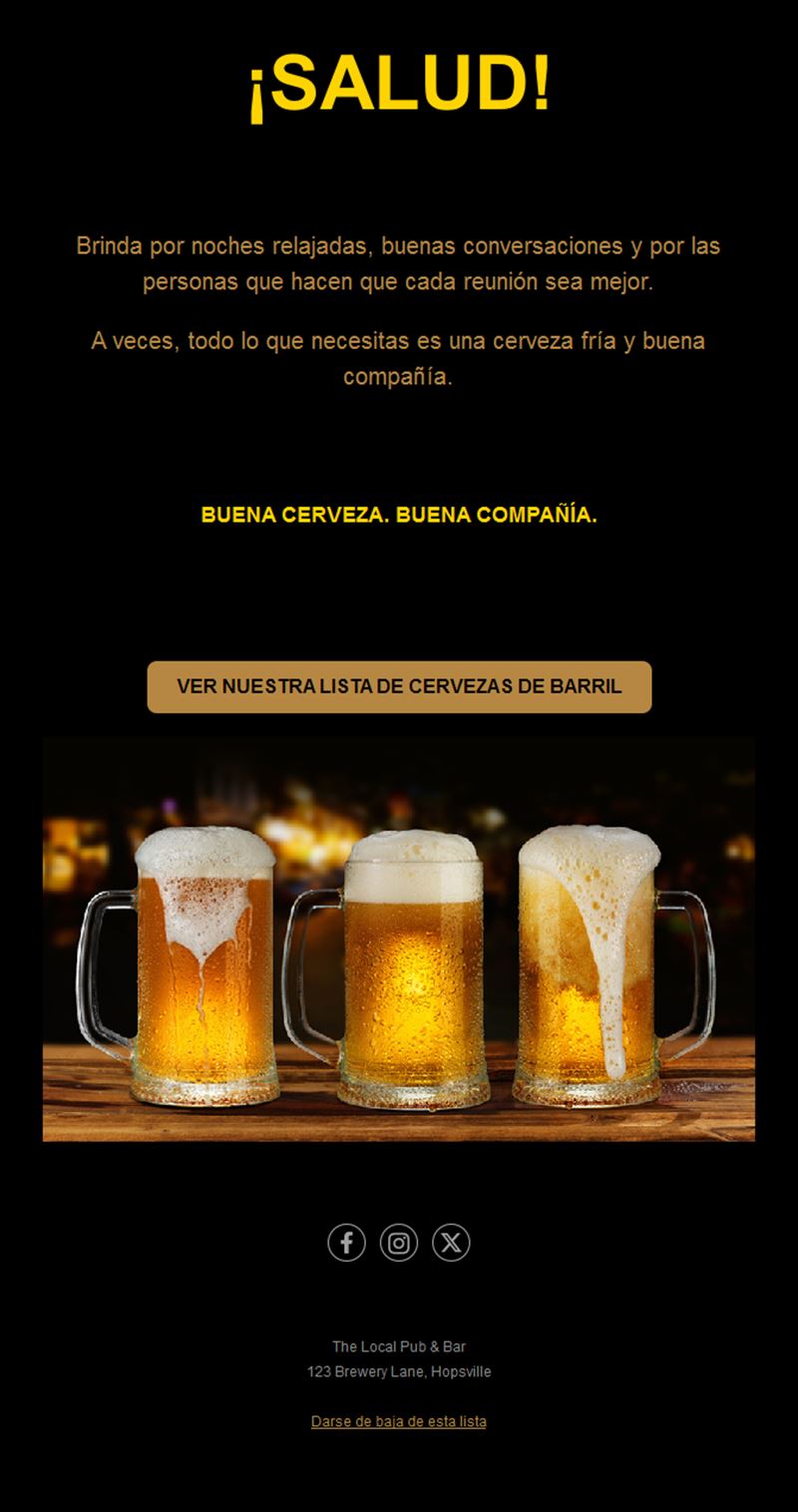 Plantilla de email con la carta de cervezas