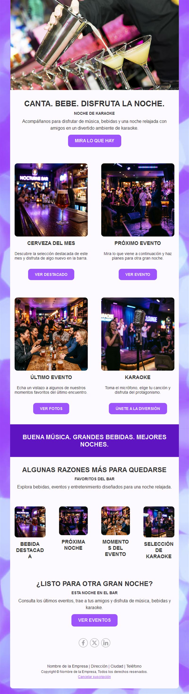 Newsletter de noche de karaoke y eventos del bar