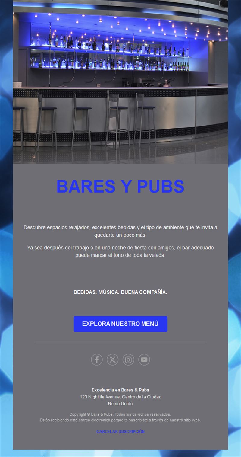Plantilla de email para coctelería con su carta