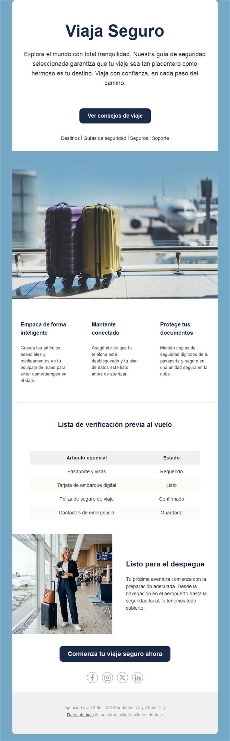 Email de consejos de seguridad para viajar