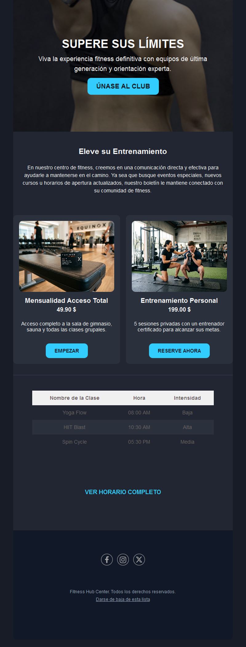 Newsletter de club de fitness con horario