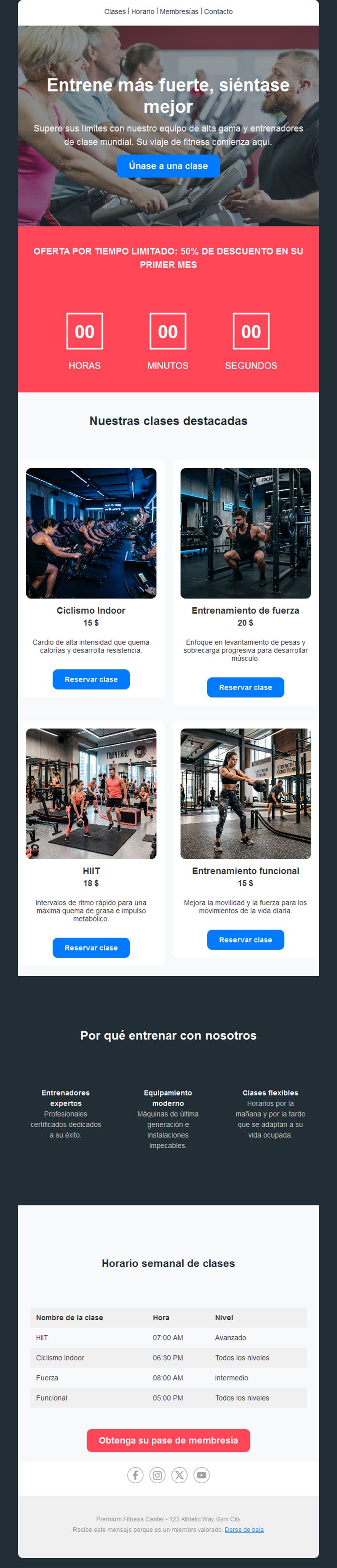 Email de clases de fitness con cuenta atrás