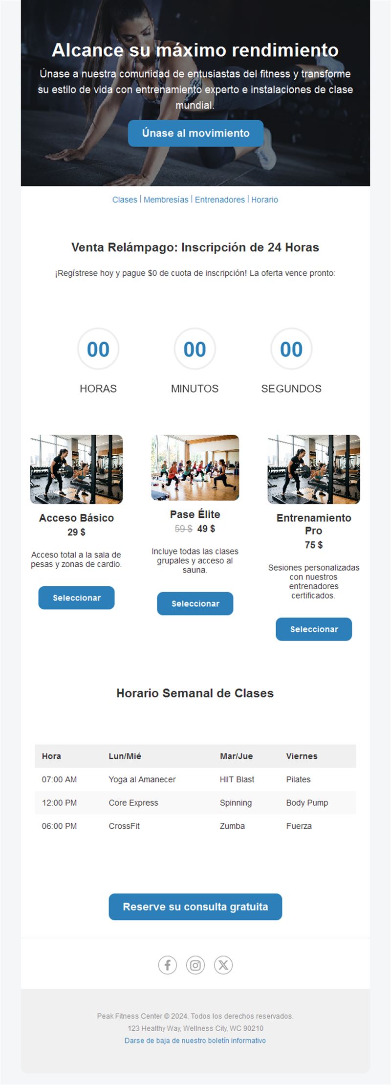 Email de oferta flash de gimnasio