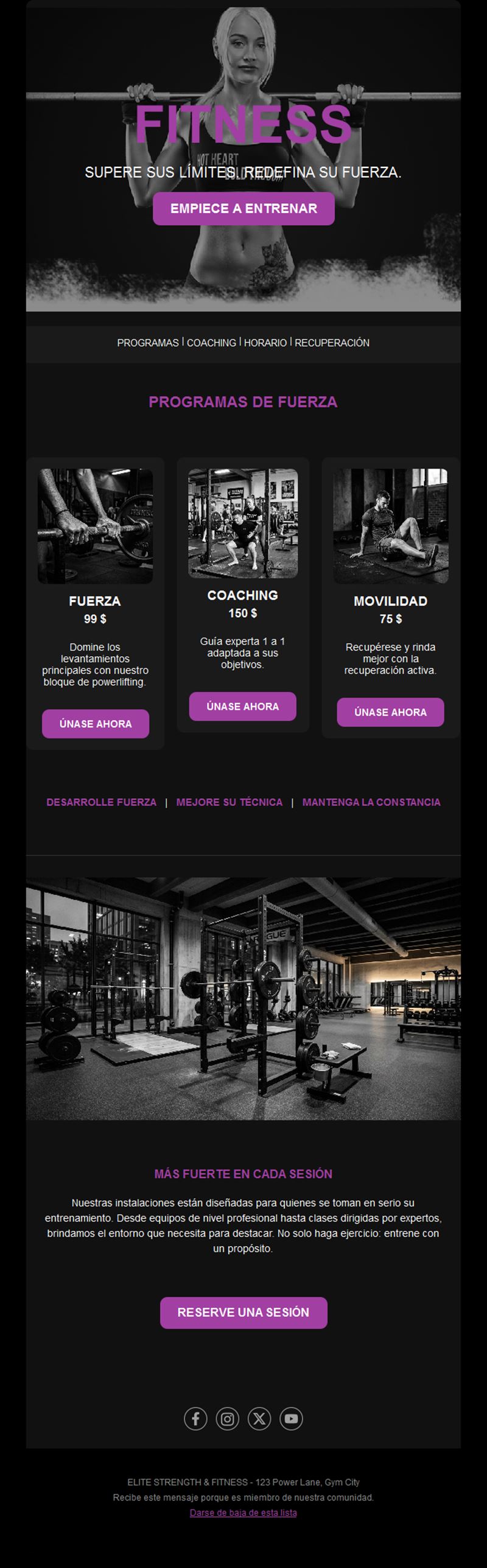 Email de gimnasio de fuerza en morado