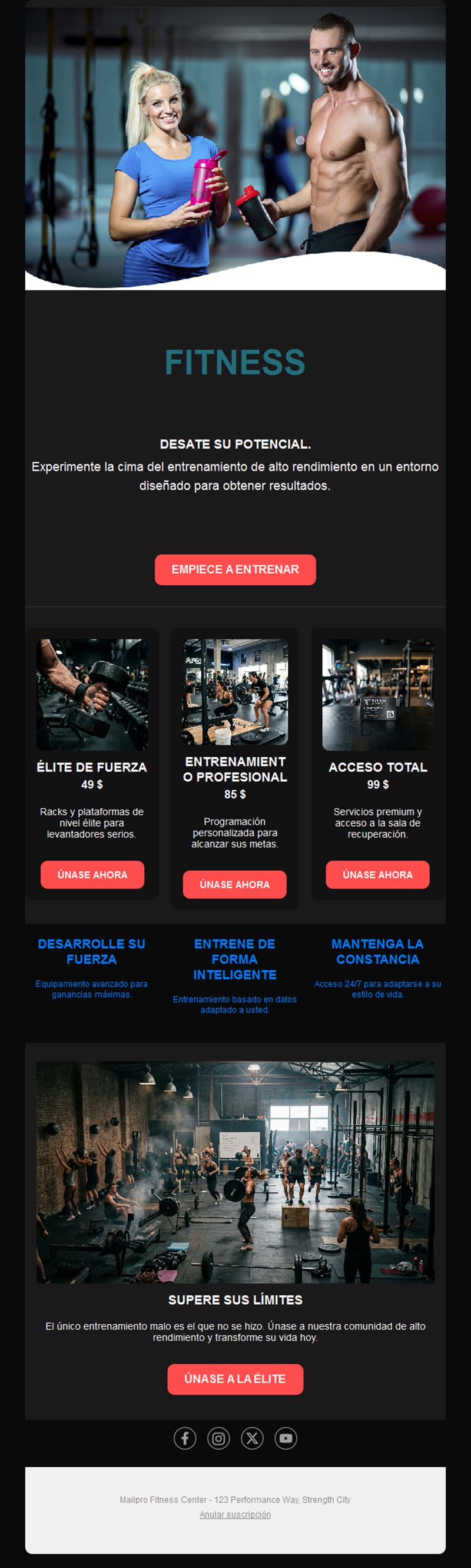 Email de planes de membresía de gimnasio
