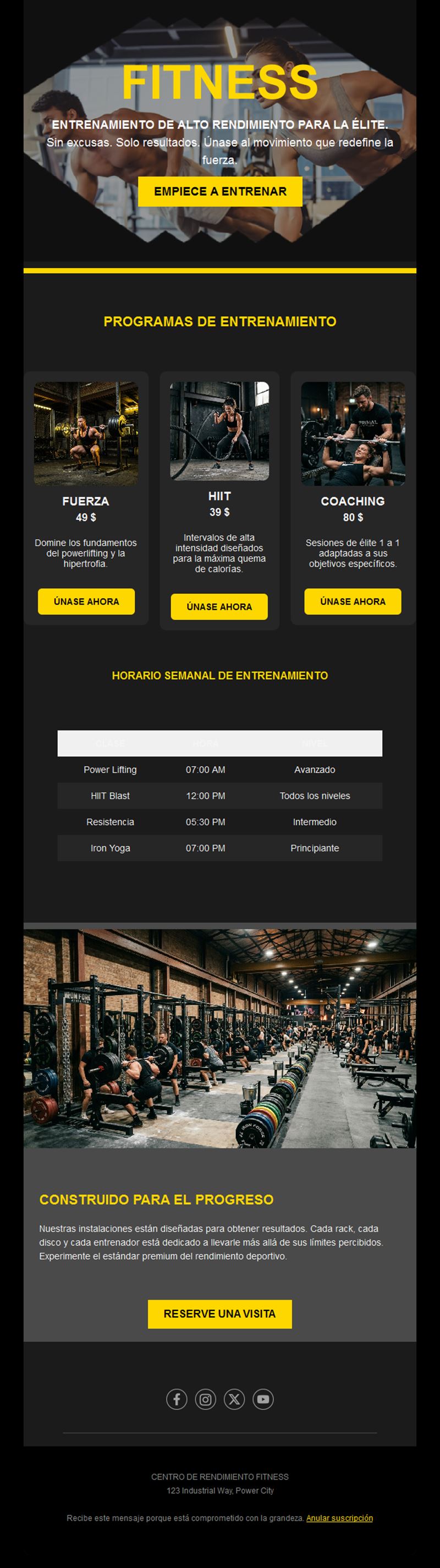 Email de programas de gimnasio con horario