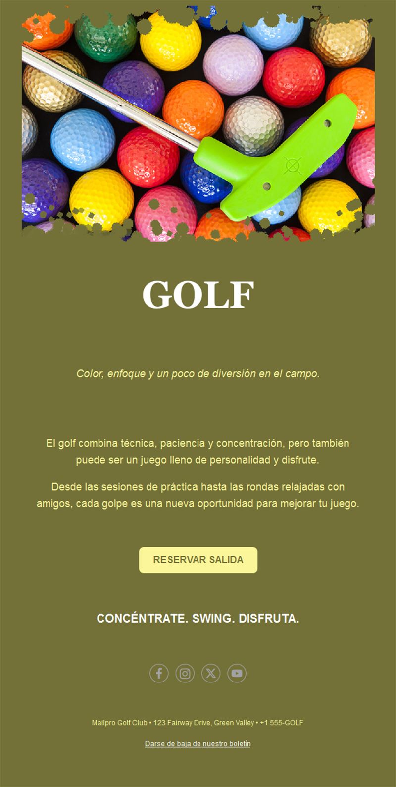 Email de minigolf con pelotas de colores