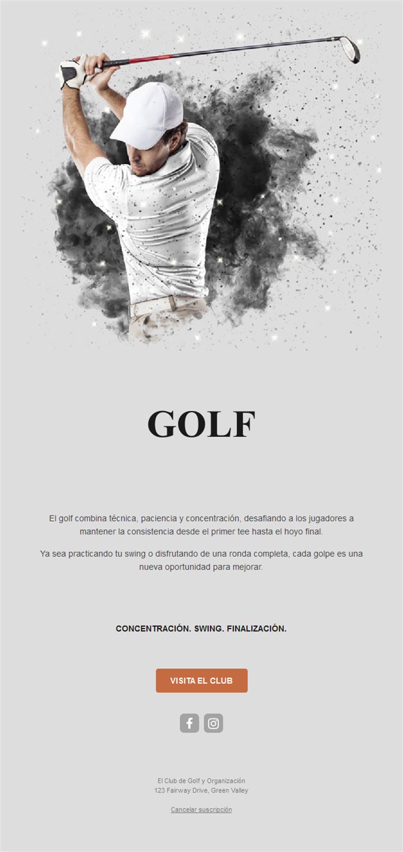 Email gris de club de golf con golfista