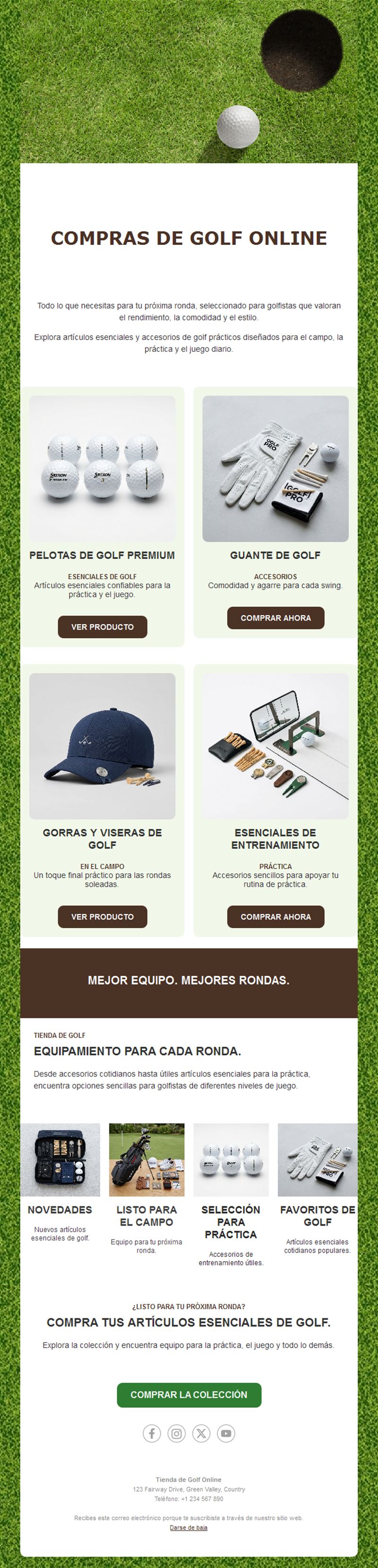Email de tienda de golf con productos
