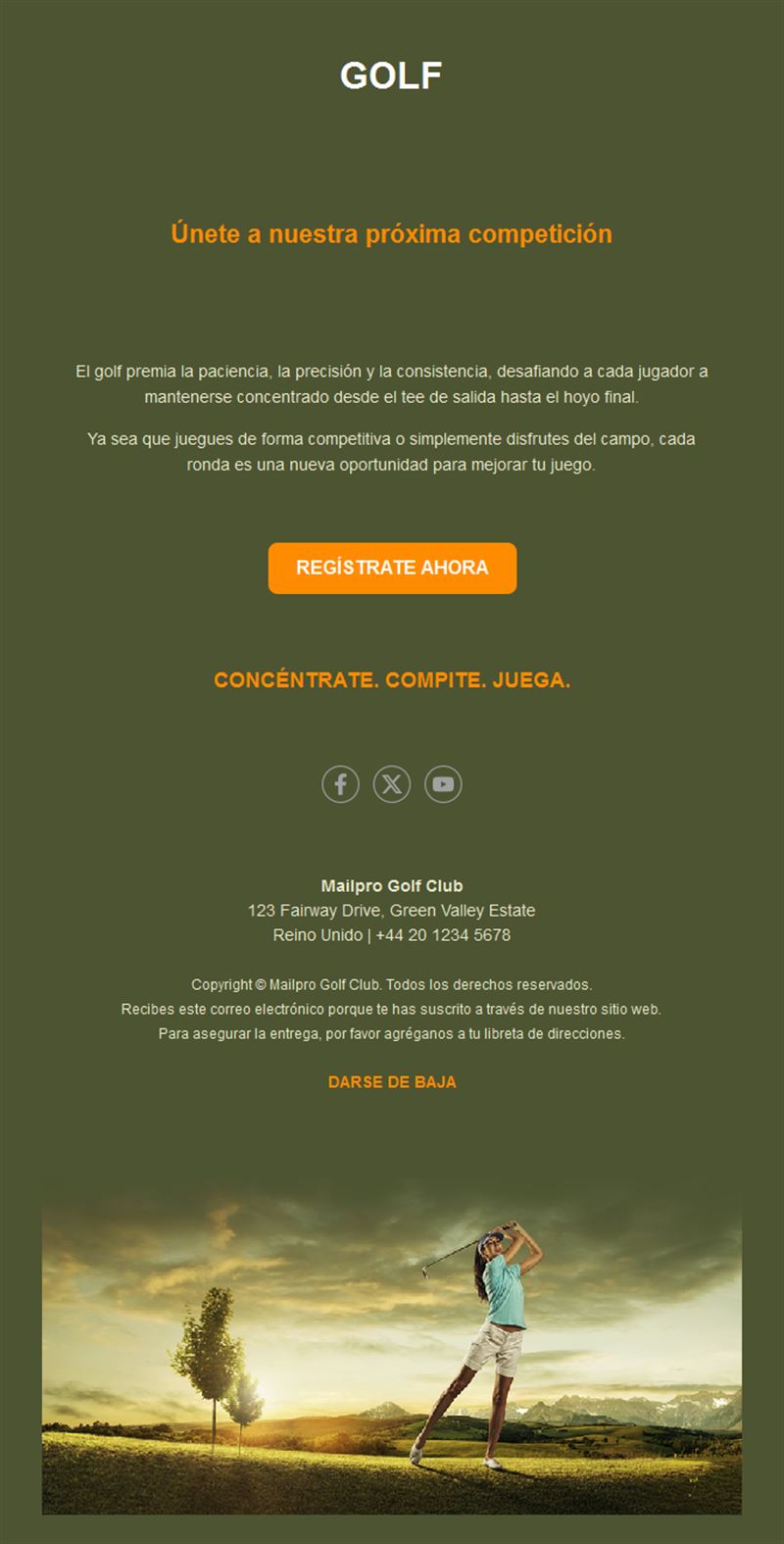 Email de inscripción a torneo de golf