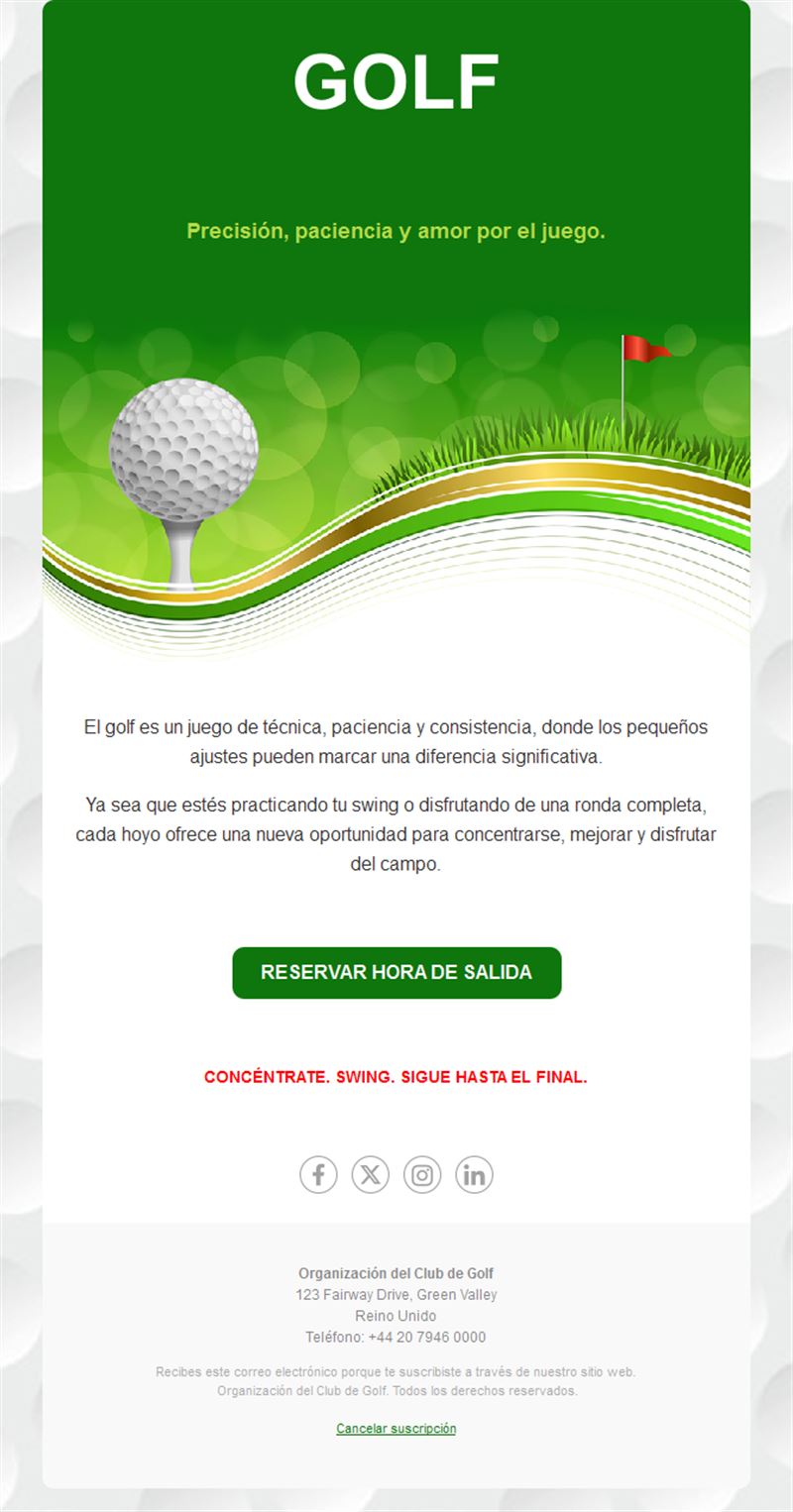 Email de reserva de tee time en club de golf