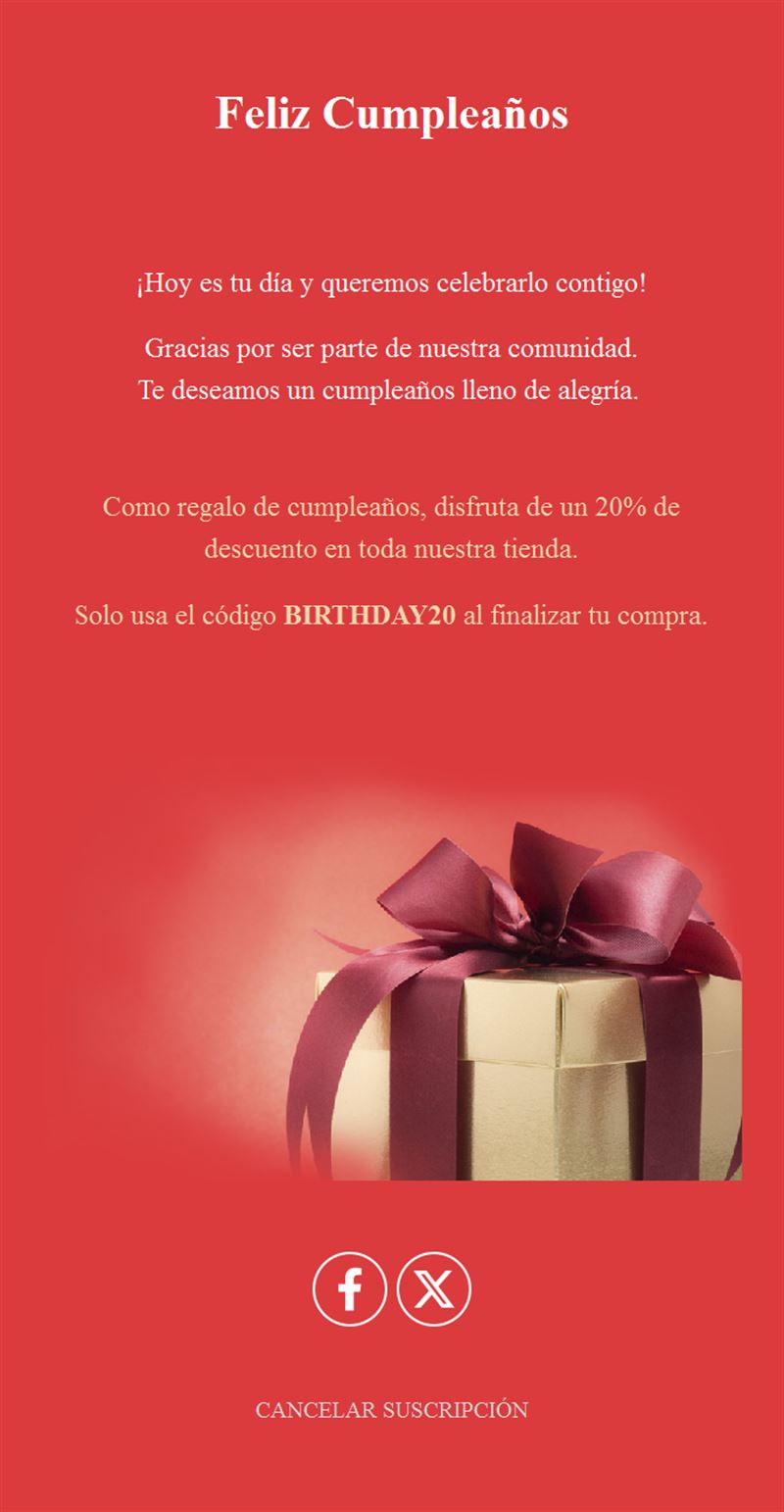 Email clásico rojo de cumpleaños con descuento