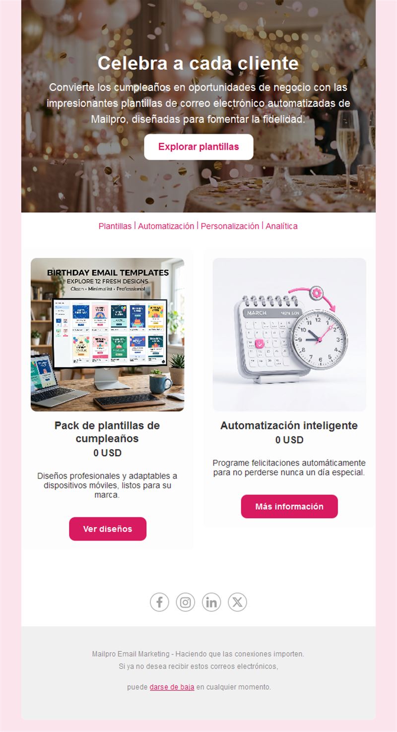 Email que presenta la automatización de cumpleaños
