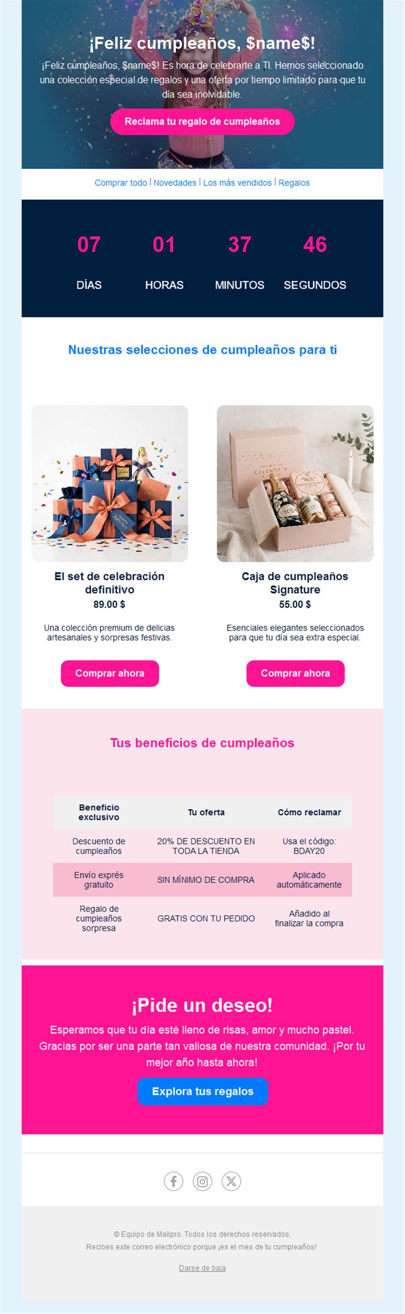 Email de ventajas de cumpleaños con cuenta atrás