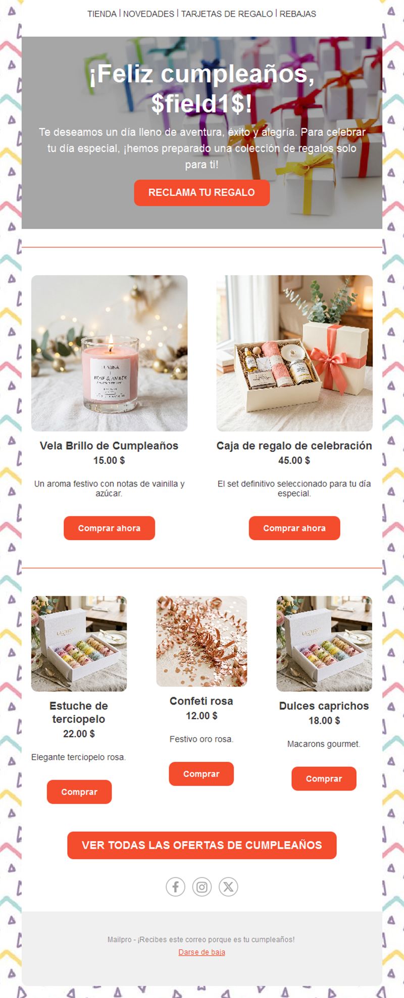 Email de ofertas de cumpleaños con productos