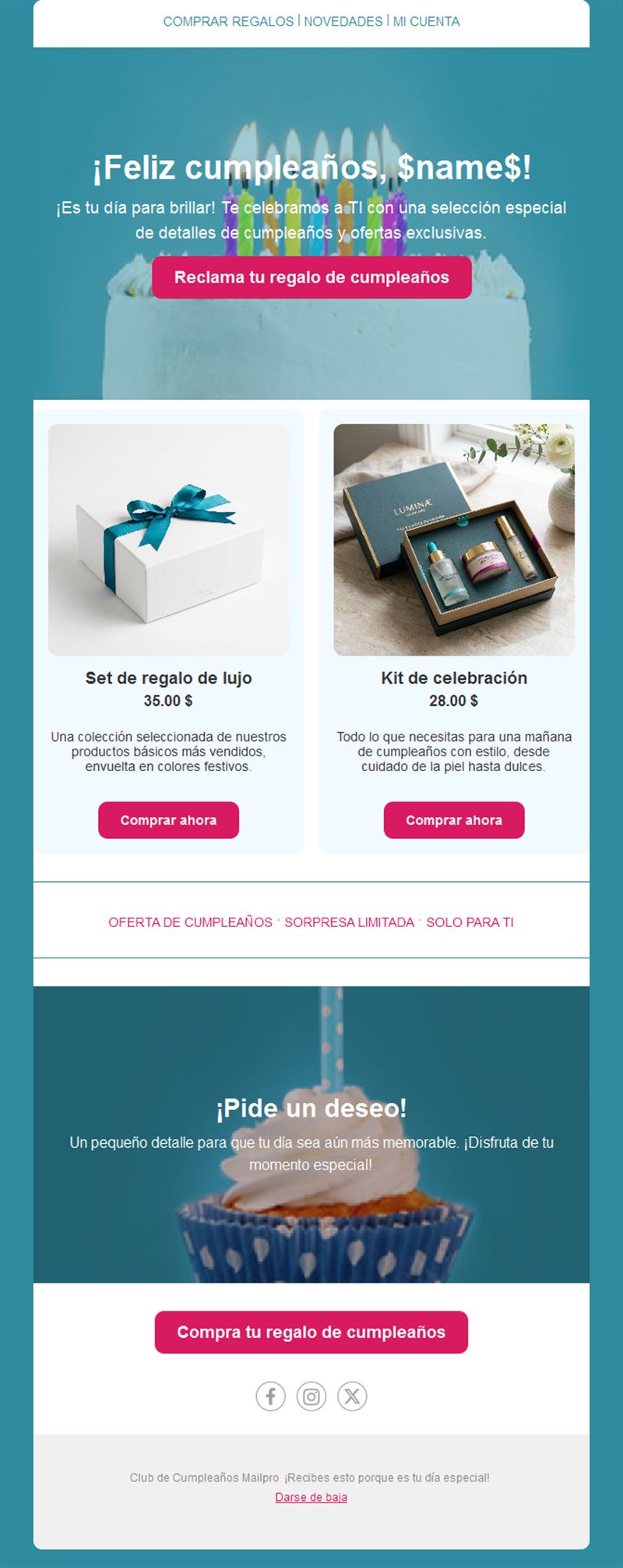 Email turquesa de regalos de cumpleaños