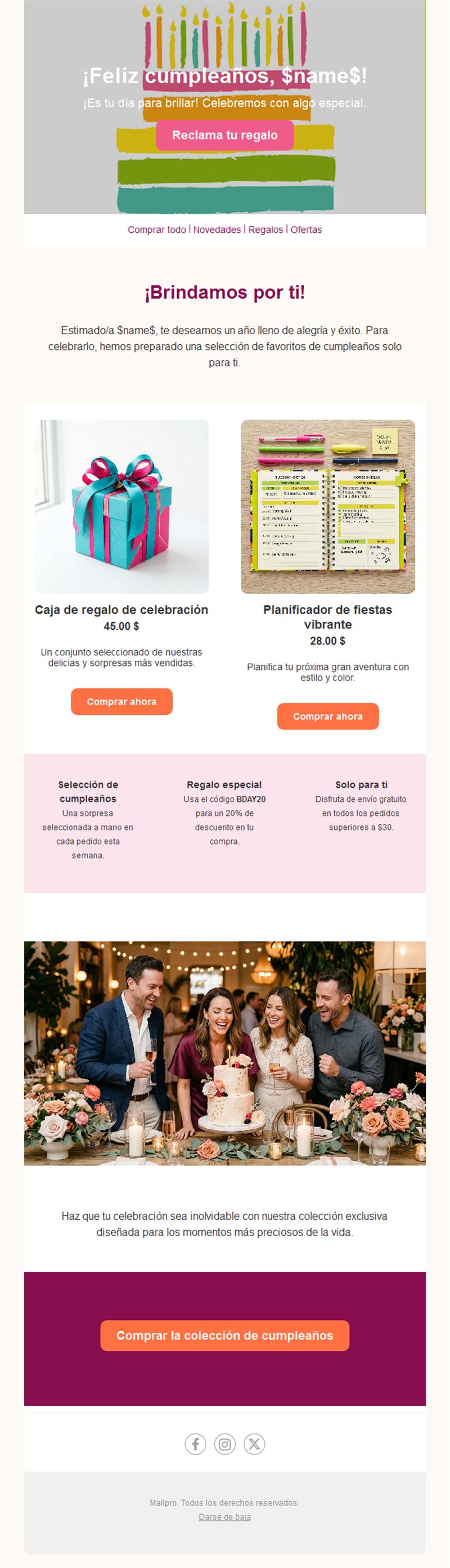 Email de selección de productos de cumpleaños