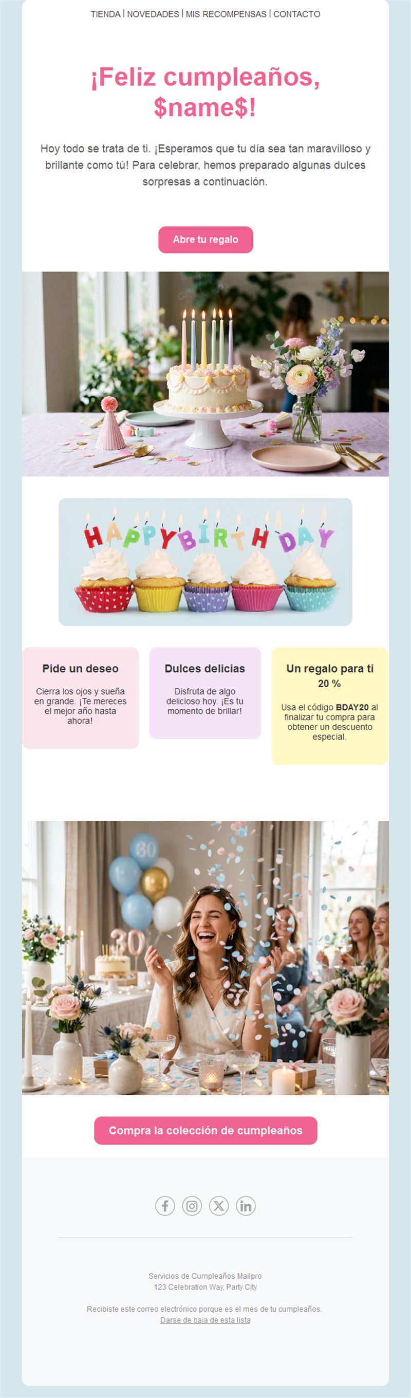 Email rosa de cumpleaños con código de descuento