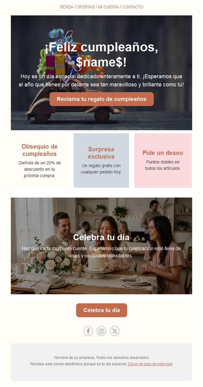 Email cálido de cumpleaños con regalo y ventajas