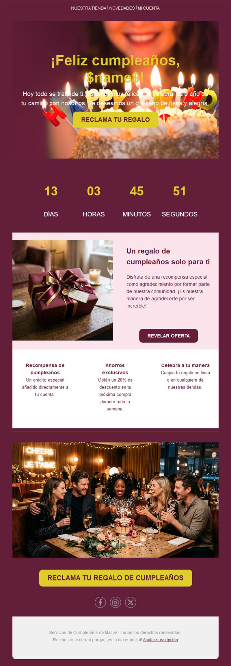 Email burdeos de recompensa de cumpleaños