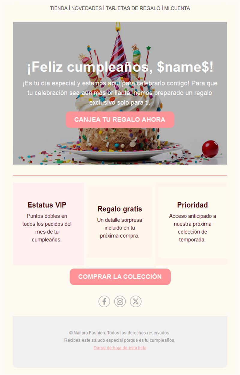 Email de cumpleaños con ventajas VIP