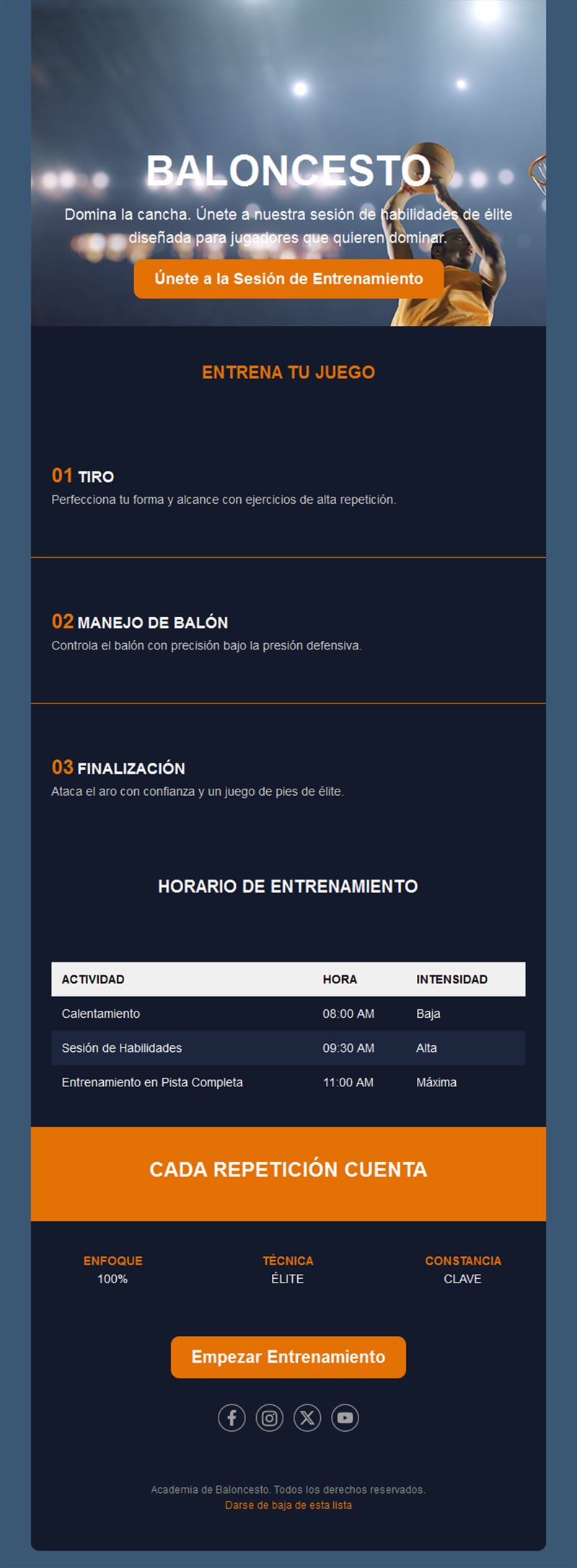 Email de horario de sesiones de baloncesto