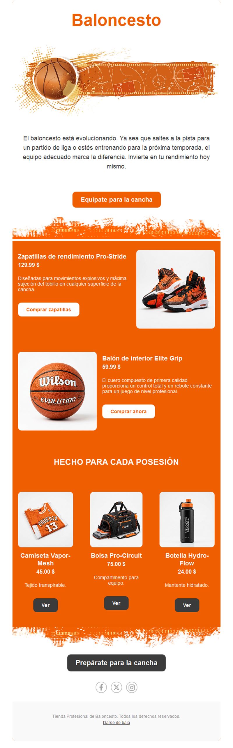 Email naranja de venta de material de baloncesto