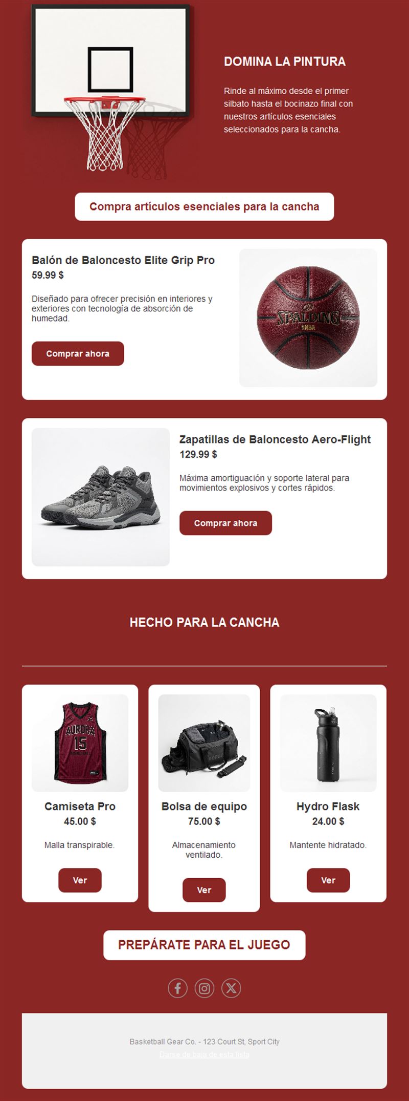 Email rojo de tienda de baloncesto