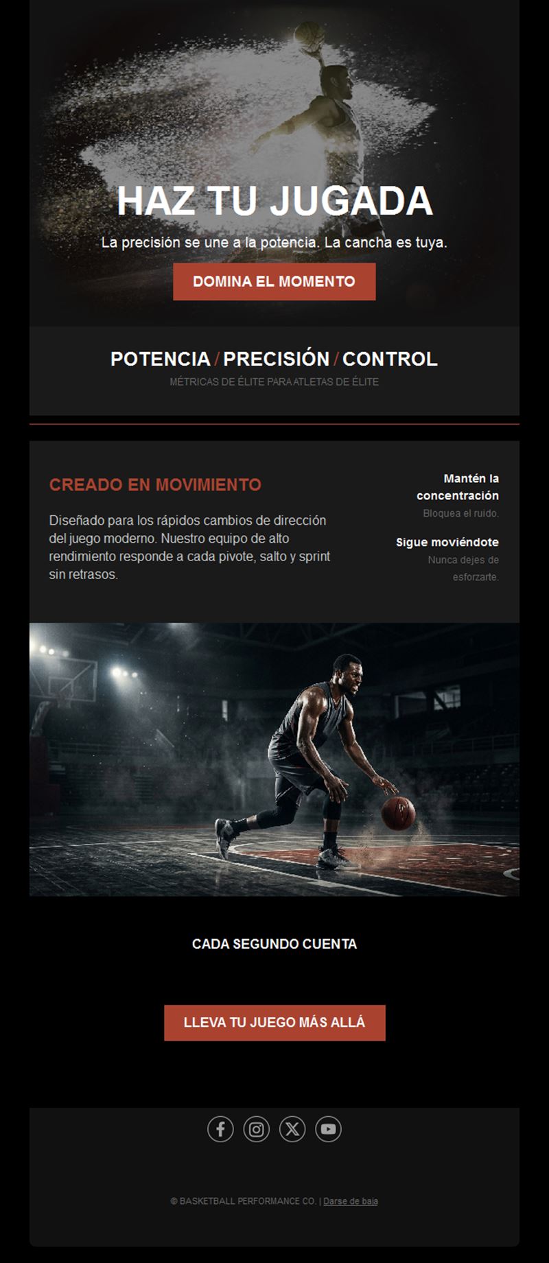 Email oscuro de rendimiento en baloncesto
