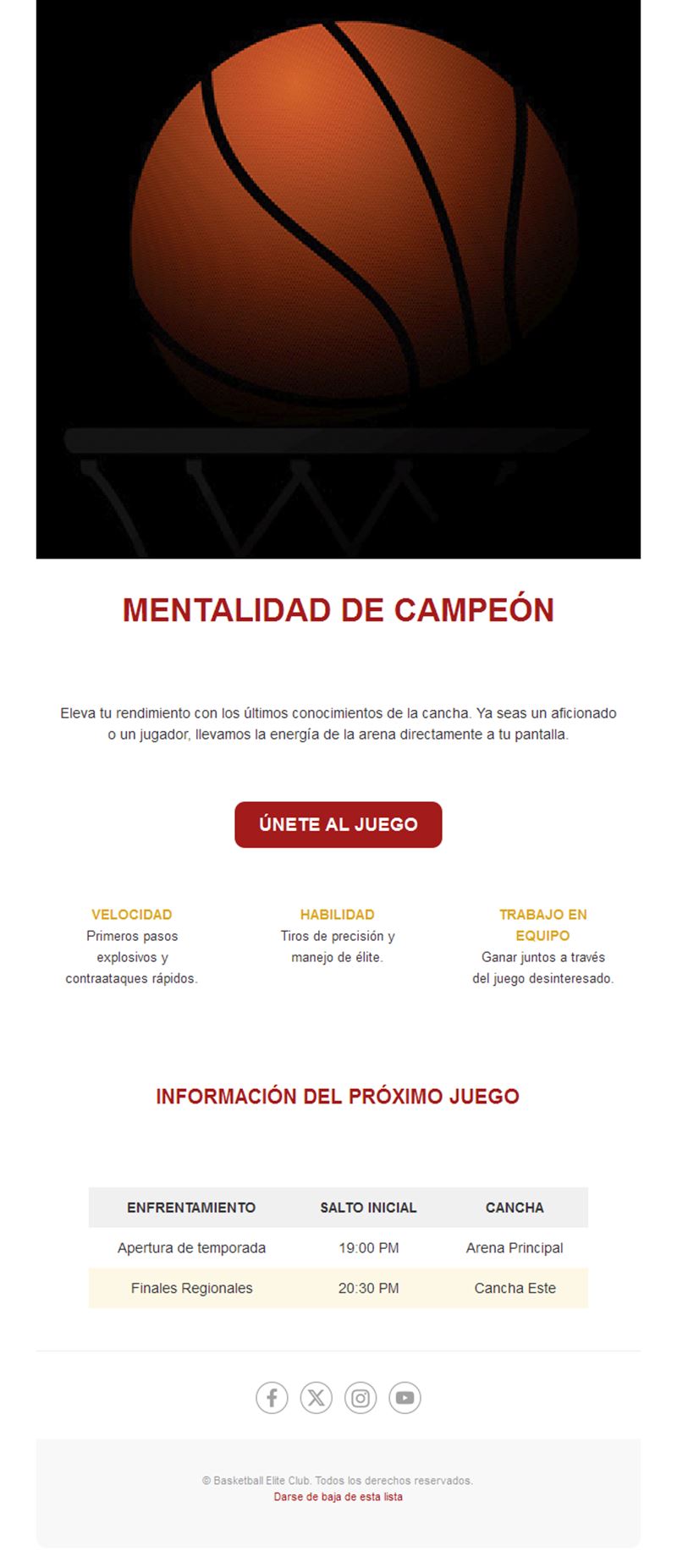 Email con información del próximo partido