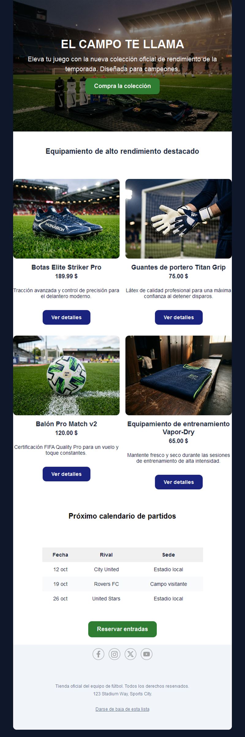 Email de colección de nueva temporada de fútbol