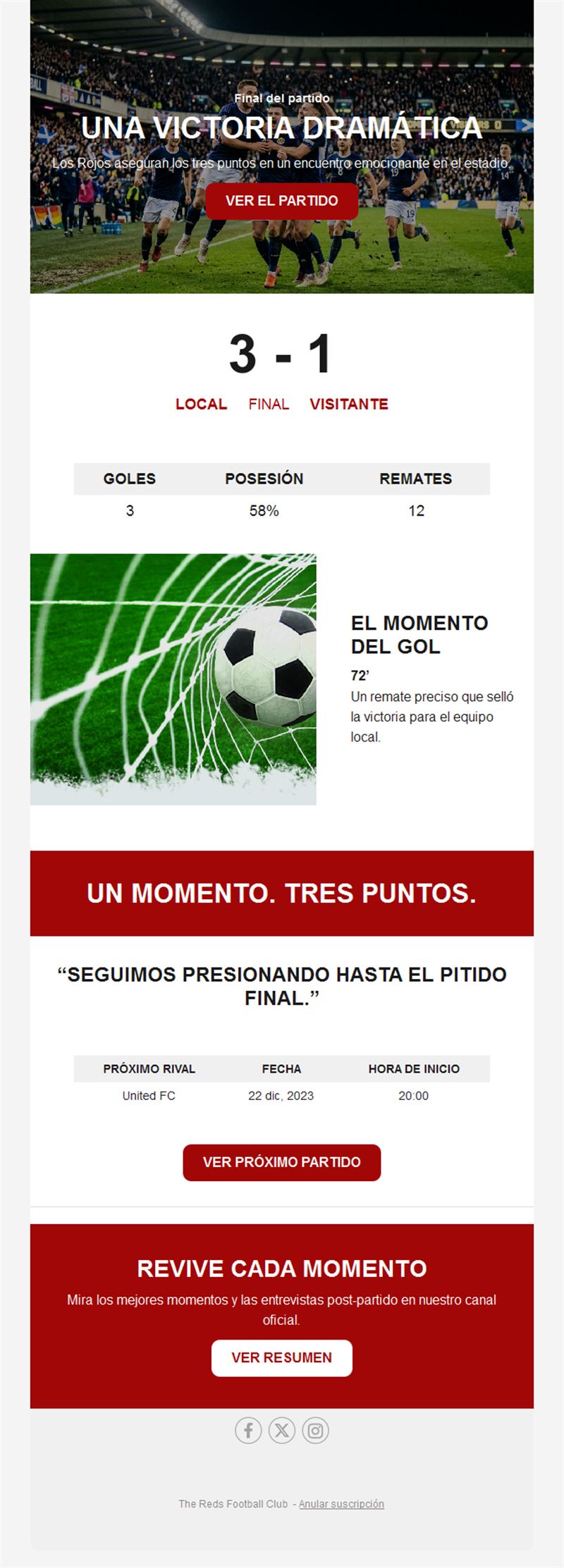 Email de resultado de partido de fútbol