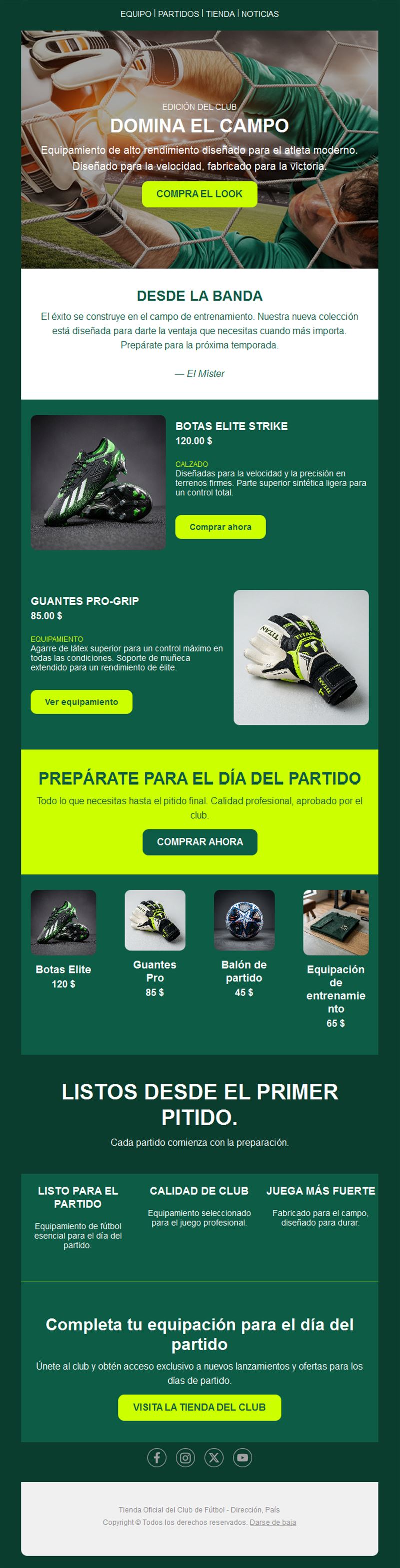 Email de tienda de material de fútbol
