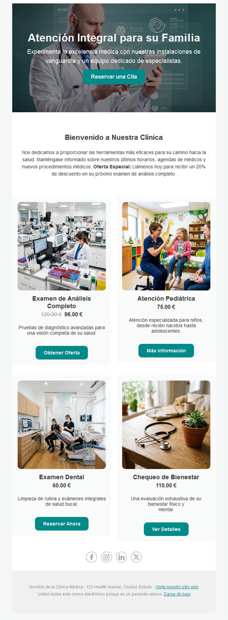 Email de servicios y precios de clínica