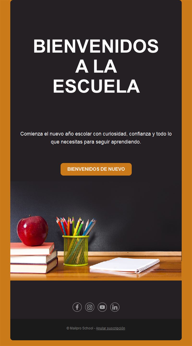 Email de bienvenida escolar con pizarra