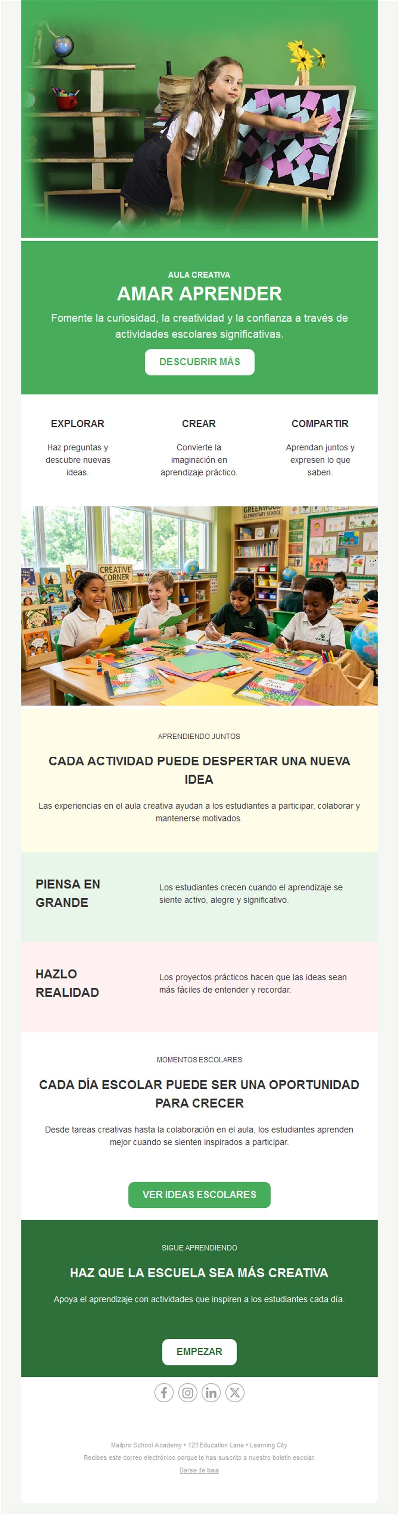 Newsletter verde de aula creativa