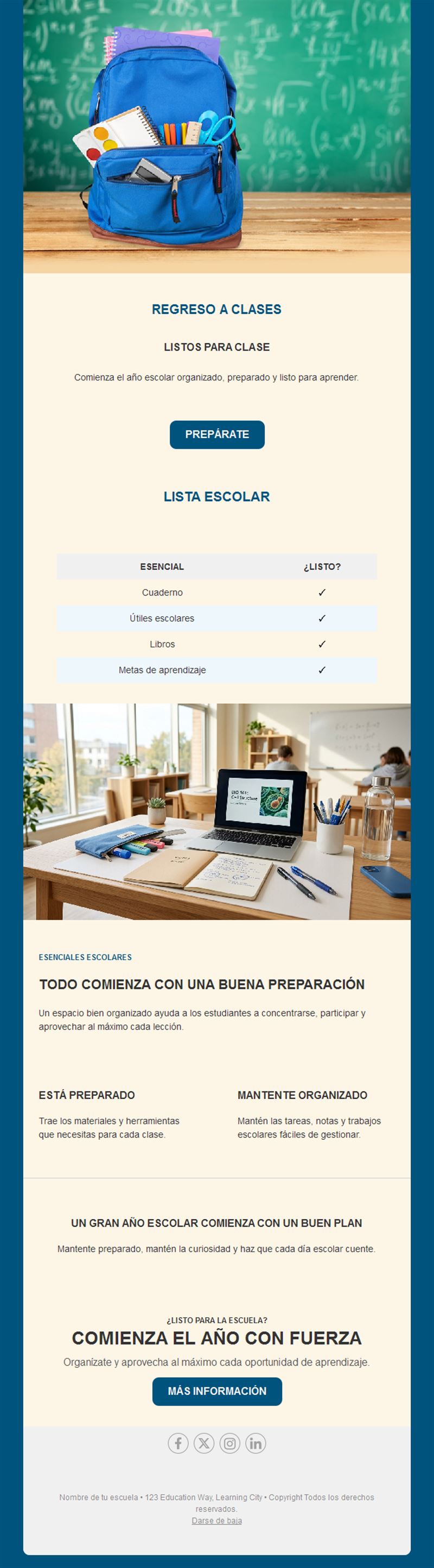 Email de vuelta al cole con lista de material