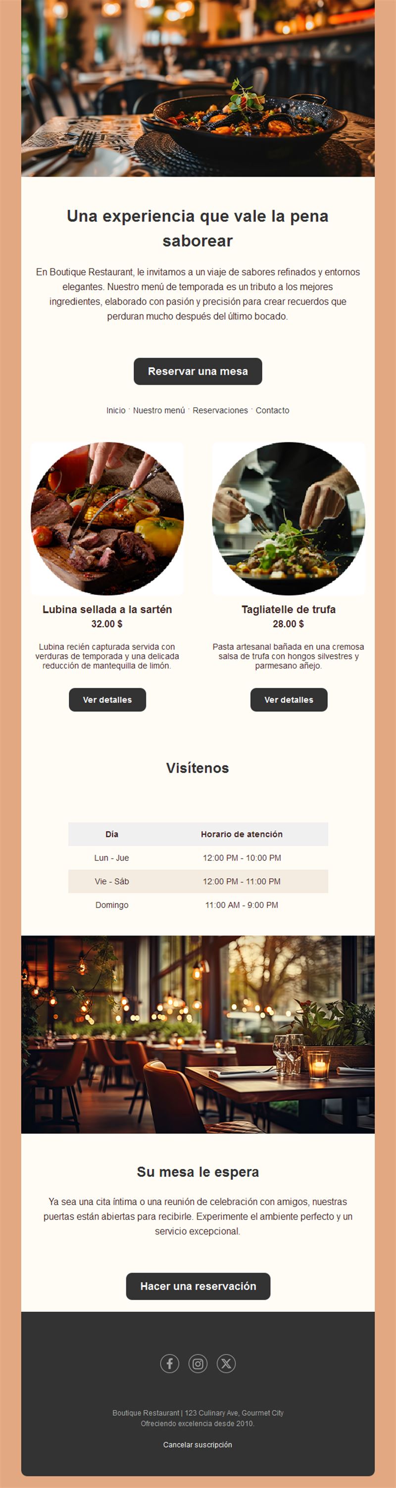 Email de menú de temporada de restaurante