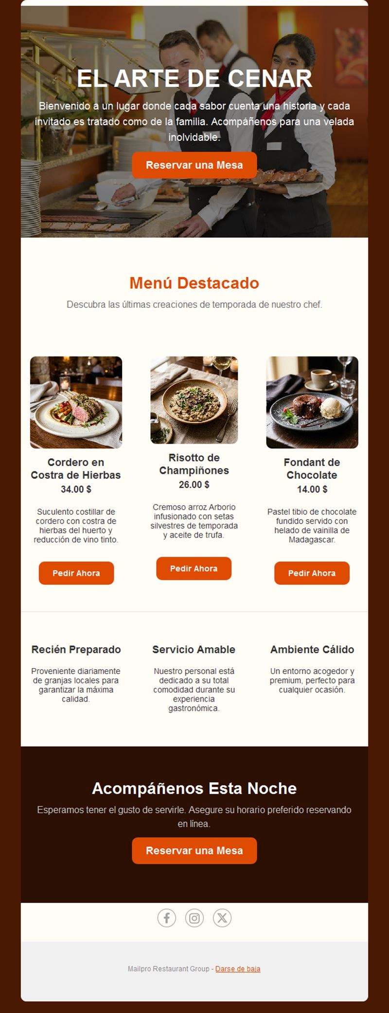 Email de menú destacado de restaurante