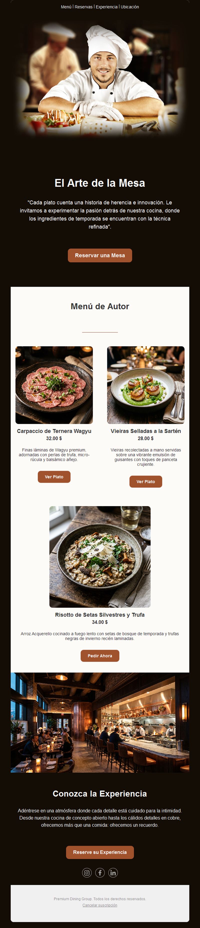 Email de menú del chef para restaurante