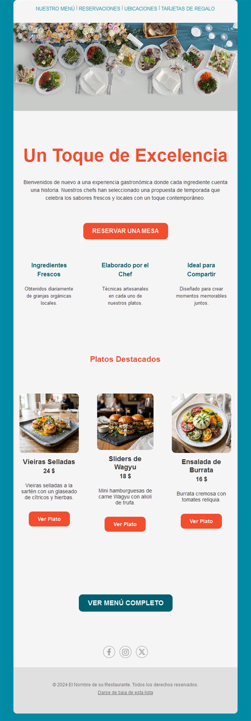 Email turquesa de platos destacados