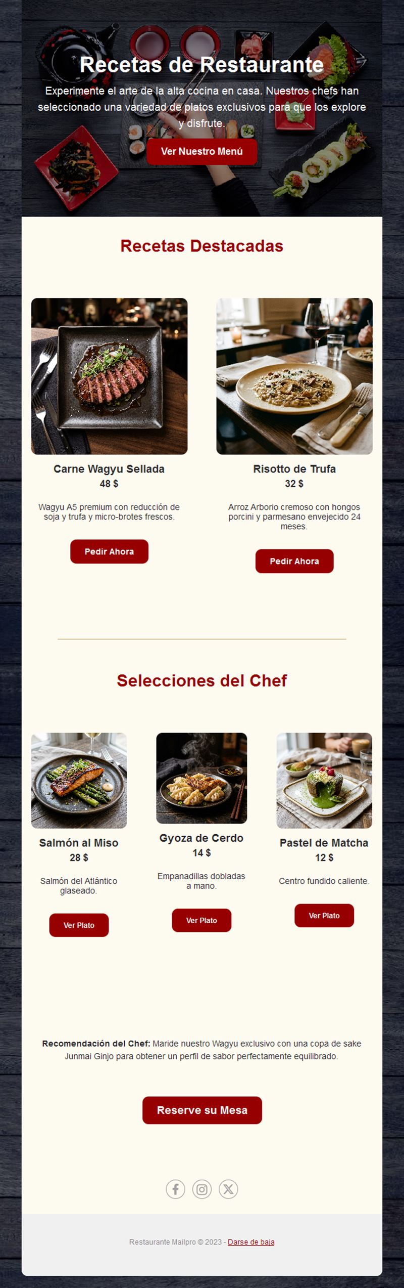 Email de pedidos online de restaurante