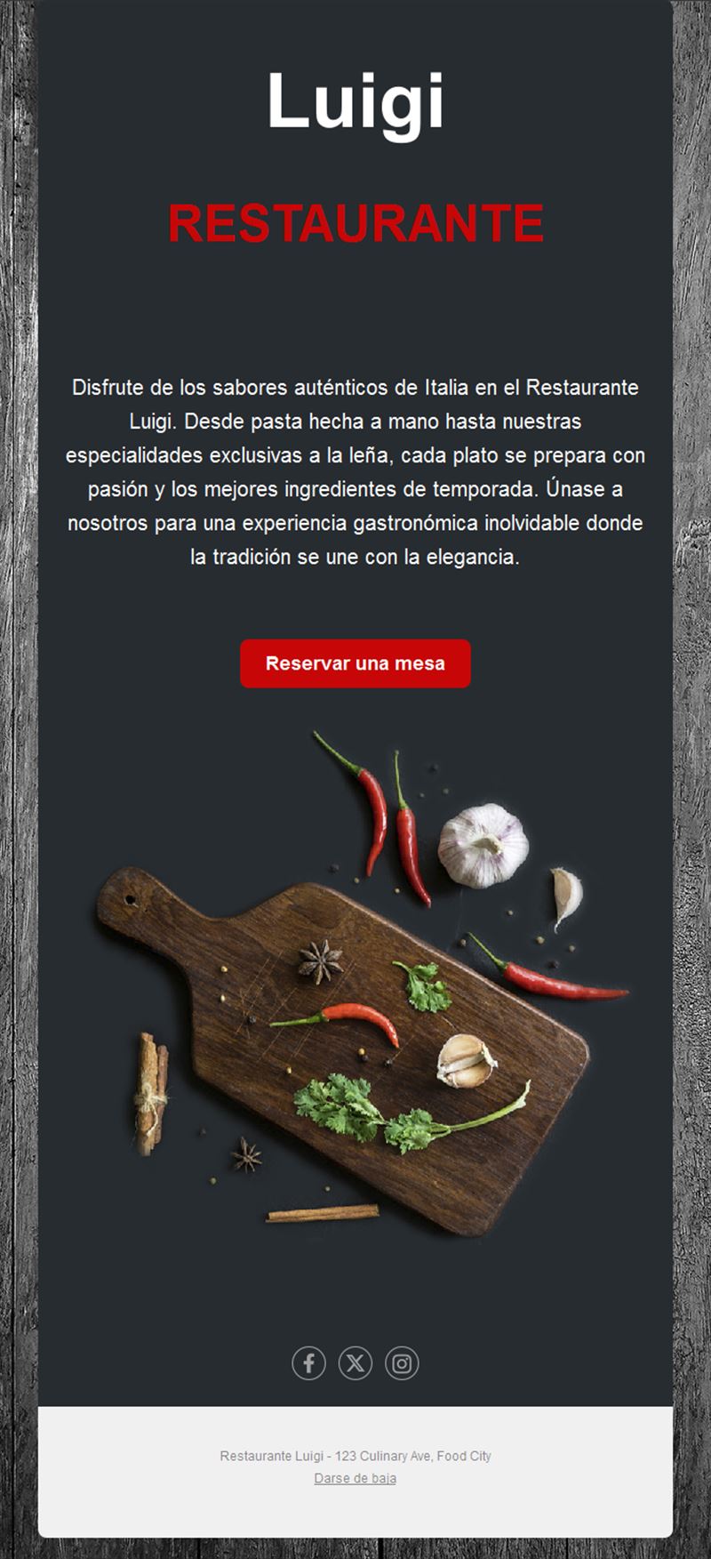 Email de restaurante italiano