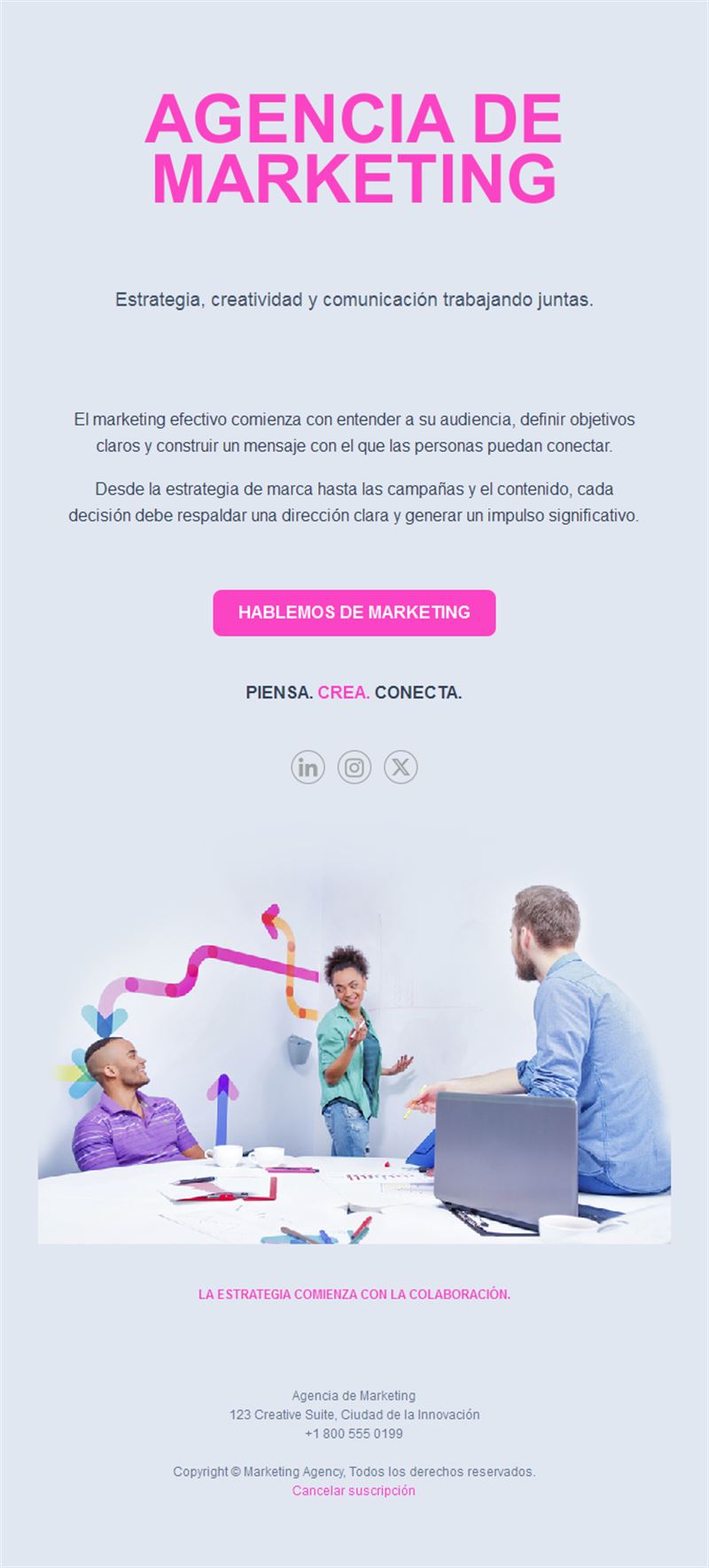 Email rosa de agencia creativa de marketing